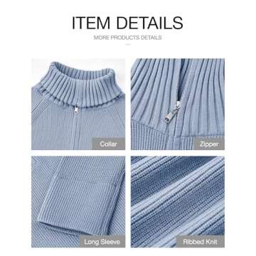 BTFBM Women’s Casual Long Sleeve Half Zip Pullover Sweaters Solid V Neck Collar Ribbed Knitted Loose Slouchy Jumper Tops(Solid Light Blue, Medium)