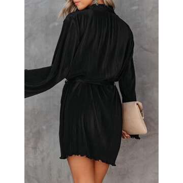 Dokotoo Casual Spring Dresses for Women 2024 Fashion Vintage V Neck Button Down Front Teacher Pleated Swing Long Sleeve A Line Graduation Satin Mini Birthday Sweater Shirt Dress with Belt Black Medium