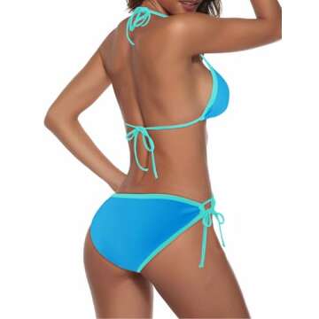 Zonsaoja Women String Bikini Halter Side Tie Two Piece Swimsuit Color Block Triangle Bathing Suits Blue S