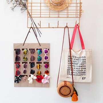 Sunglasses Storage Organizer, Eyeglasses Wall Hanging Holder, Wall Pocket for Glasses Display, Eyeglasses Wall Pocket Hanger Mounted, 15 Slots, 19.53 x 15.63 inch (Brown)