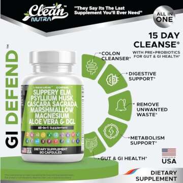 Clean Nutraceuticals Slippery Elm Psyllium Husk Pre Probiotic Digestive Gut Health Supplement with Aloe Vera Cascara Sagrada Marshmallow Root DGL Licorice Senna Extract