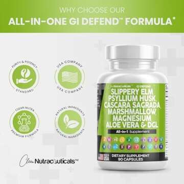 Clean Nutraceuticals Slippery Elm Psyllium Husk Pre Probiotic Digestive Gut Health Supplement with Aloe Vera Cascara Sagrada Marshmallow Root DGL Licorice Senna Extract