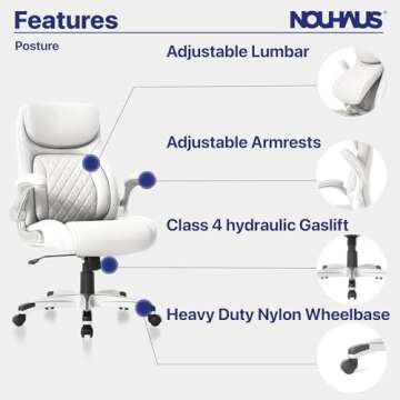 Nouhaus +Posture Ergonomic PU Leather Office Chair. Click5 Lumbar Support with FlipAdjust Armrests. Modern Executive Chair and Computer Desk Chair (White)