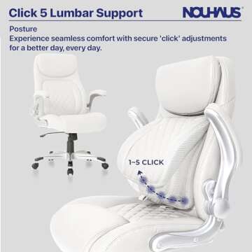 Nouhaus +Posture Ergonomic PU Leather Office Chair. Click5 Lumbar Support with FlipAdjust Armrests. Modern Executive Chair and Computer Desk Chair (White)