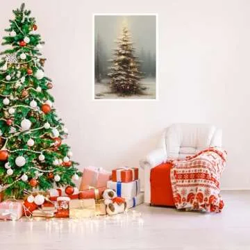 Huabsad Vintage Christmas Tree Wall Art Retro Lighted Winter Pine Botanical Aesthetic Picture Prints Rustic Scene Winter Room Wall Decor Canvas Posters Farmhouse Holiday Decor 12x16in Unframed