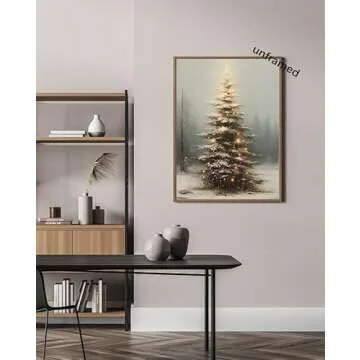 Huabsad Vintage Christmas Tree Wall Art Retro Lighted Winter Pine Botanical Aesthetic Picture Prints Rustic Scene Winter Room Wall Decor Canvas Posters Farmhouse Holiday Decor 12x16in Unframed