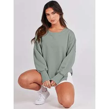 ANRABESS Women's Oversized Sweatshirts Crew Neck Long Sleeve Shirts Casual Loose Slit 2025 Fall Clothes Light Green S