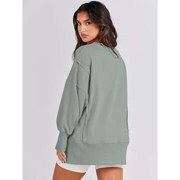 ANRABESS Women's Oversized Sweatshirts Crew Neck Long Sleeve Shirts Casual Loose Slit 2025 Fall Clothes Light Green S
