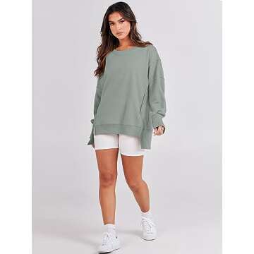 ANRABESS Women's Oversized Sweatshirts Crew Neck Long Sleeve Shirts Casual Loose Slit 2025 Fall Clothes Light Green S