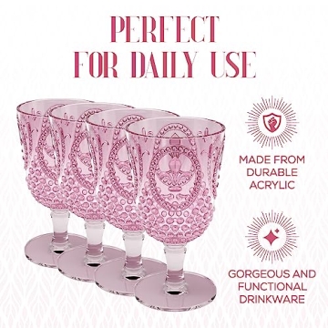 elle decor Acrylic Wine Goblets | Set of 4, 15-Ounce | Unbreakable Acrylic Wine Glasses | Reusable Plastic, Shatterproof Long Stemmed Water Glasses | Bar Drinking Cups (Pink)