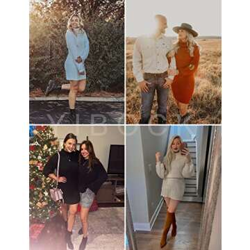 YIBOCK Women Turtleneck Long Lantern Sleeve Casual Loose Oversized Sweater Dress Soft Warm Pullover Dresses Khaki