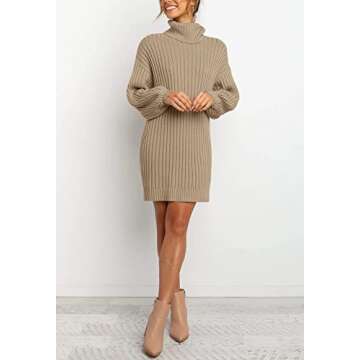 YIBOCK Women Turtleneck Long Lantern Sleeve Casual Loose Oversized Sweater Dress Soft Warm Pullover Dresses Khaki