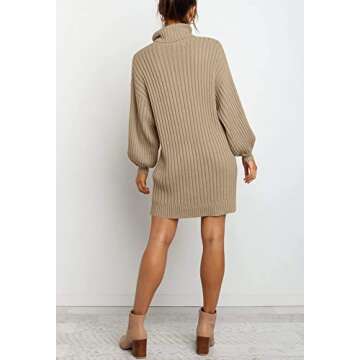 YIBOCK Women Turtleneck Long Lantern Sleeve Casual Loose Oversized Sweater Dress Soft Warm Pullover Dresses Khaki