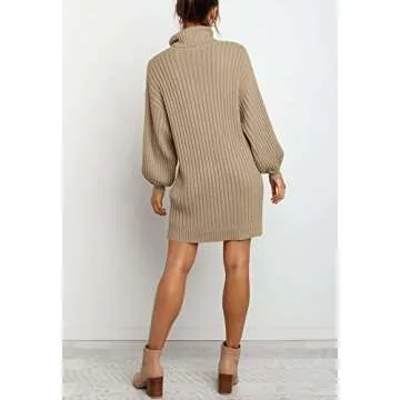 YIBOCK Women Turtleneck Long Lantern Sleeve Casual Loose Oversized Sweater Dress Soft Warm Pullover Dresses Khaki
