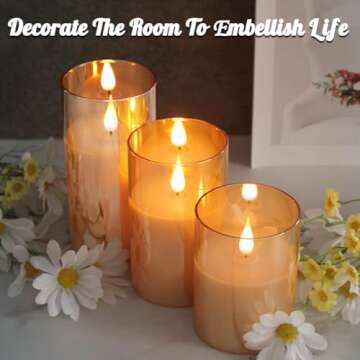 LEDHOLYT Rechargeable Flameless Candle, Flashing LED Pillar Real Wax Candle with Remote Control and Timer, Upgraded Teardrop Wick, Gold Glass Electronic Candle, 1 Set of 3