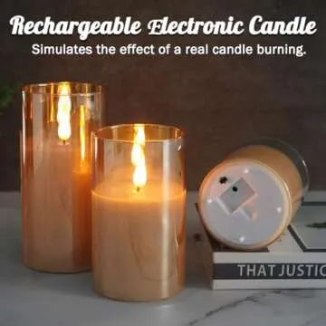 LEDHOLYT Rechargeable Flameless Candle, Flashing LED Pillar Real Wax Candle with Remote Control and Timer, Upgraded Teardrop Wick, Gold Glass Electronic Candle, 1 Set of 3