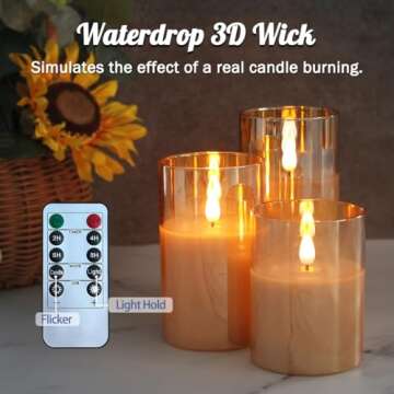 LEDHOLYT Rechargeable Flameless Candle, Flashing LED Pillar Real Wax Candle with Remote Control and Timer, Upgraded Teardrop Wick, Gold Glass Electronic Candle, 1 Set of 3