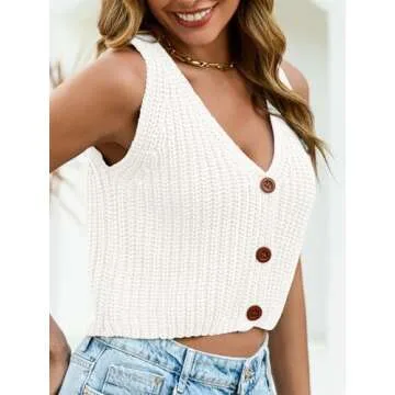 Saodimallsu Womens Cropped Sweater Vest V Neck Button Down Y2k Crop Knit Summer Trendy Sleeveless Chunky Tank Tops White