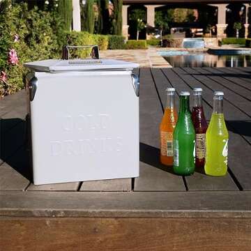 Permasteel 14-Qt Small Retro Vintage Cooler Ice Chest, Hard Metal Portable Beverage Cooler, Personal Cooler for Camping, Beach, and Picnic, Classic Style Ice Chest, White