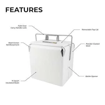 Permasteel 14-Qt Small Retro Vintage Cooler Ice Chest, Hard Metal Portable Beverage Cooler, Personal Cooler for Camping, Beach, and Picnic, Classic Style Ice Chest, White