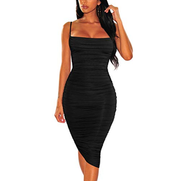 BEAGIMEG Women's Spaghetti Strap Bodycon Midi Dress Black