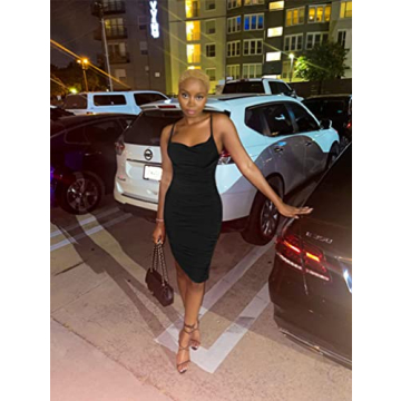 BEAGIMEG Women's Spaghetti Strap Bodycon Midi Dress Black