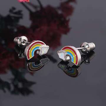 Rainbow Stud Earrings for Women Opal Earrings 14K White Gold Plated Hypoallergenic Earrings Gifts