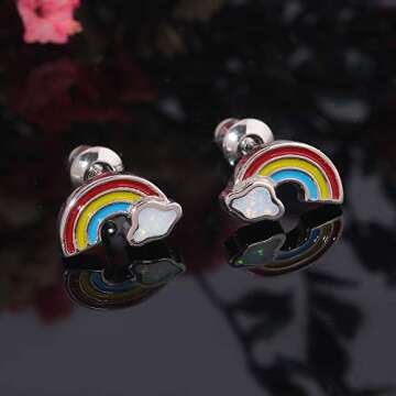 Rainbow Stud Earrings for Women Opal Earrings 14K White Gold Plated Hypoallergenic Earrings Gifts