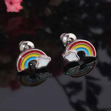Rainbow Stud Earrings for Women Opal Earrings 14K White Gold Plated Hypoallergenic Earrings Gifts