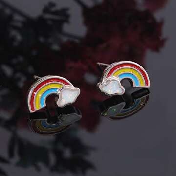 Rainbow Stud Earrings for Women Opal Earrings 14K White Gold Plated Hypoallergenic Earrings Gifts