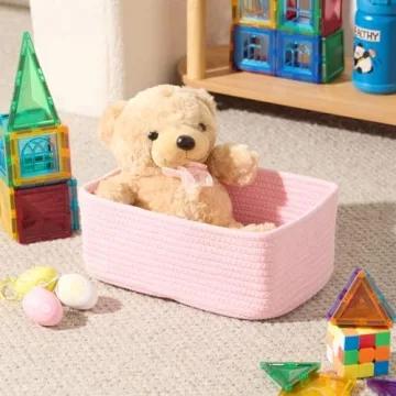 MiniArk Shelf Storage Baskets for Organizing | Closet Organizer Bins | Small Baskets | Toy Basket | Cute Decorative Basket | Cube Storage Bin | Woven Rope Basket | 11.5×7.5×4.7” | 3 Packs Pink