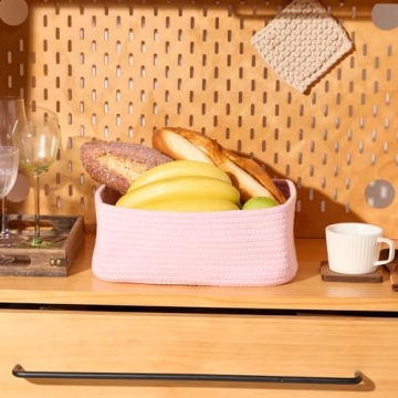 MiniArk Shelf Storage Baskets for Organizing | Closet Organizer Bins | Small Baskets | Toy Basket | Cute Decorative Basket | Cube Storage Bin | Woven Rope Basket | 11.5×7.5×4.7” | 3 Packs Pink