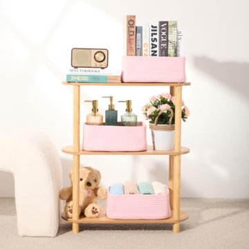 MiniArk Shelf Storage Baskets for Organizing | Closet Organizer Bins | Small Baskets | Toy Basket | Cute Decorative Basket | Cube Storage Bin | Woven Rope Basket | 11.5×7.5×4.7” | 3 Packs Pink