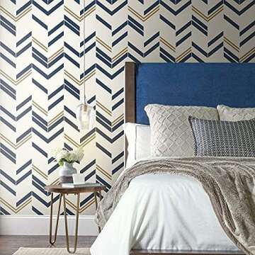 RoomMates RMK9002WP Blue and Metallic Gold Chevron Stripe Peel and Stick Wallpaper, 20.5" x 16.5 feet