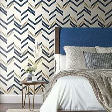RoomMates RMK9002WP Blue and Metallic Gold Chevron Stripe Peel and Stick Wallpaper, 20.5" x 16.5 feet