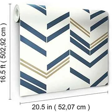 RoomMates RMK9002WP Blue and Metallic Gold Chevron Stripe Peel and Stick Wallpaper, 20.5" x 16.5 feet