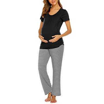 Ekouaer Nursing Pajamas Breastfeeding Pjs Labor and Delivery Sleepwear Postpartum Clothes Maternity Pajamas Set Black Stripe M