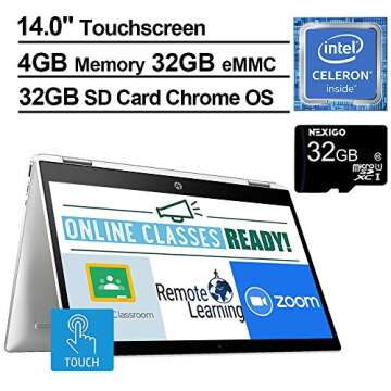 HP 2021 Chromebook 14 Inch Touchscreen 2-in-1 Laptop, Intel Celeron N4000 up to 2.6 GHz, 4GB LPDDR4 RAM, 32GB eMMC, Bluetooth, Webcam, Chrome OS + NexiGo 32GB MicroSD Card Bundle