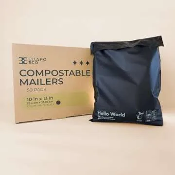 Eco Mailers by Ellspo Eco | 10x13 inch Certified Compostable Poly Shipping Bags, Pack of 50, Modern Matte Black Color, Sustainable Packaging Supplies