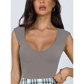 REORIA Women's Summer Sexy Casual V Neck Double Lined Seamless Sleeveless Slimming One Piece Leotards Going Out Trendy Tank Top Tees Thong Bodysuits Deep Grey Small