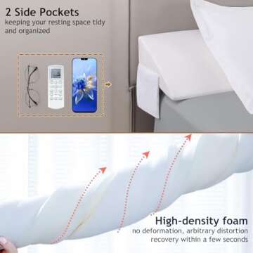 Vekkia King Bed Wedge Pillow for Headboard Gap Filler(0-5"),High-Density Foam,Prevents Pillows & Items from Falling,Ergonomic Design,Large Storage Pockets, Removable&Washable Cover,White,76''x10 x6