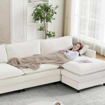 Nolohoo Cloud Couch Sectional Sofa, Comfy Deep Seat L Shape Couches for Living Room,150.4" Upholstered Velvet Modular Sectional Sofa with Ottoman, DIY Combination, Beige White