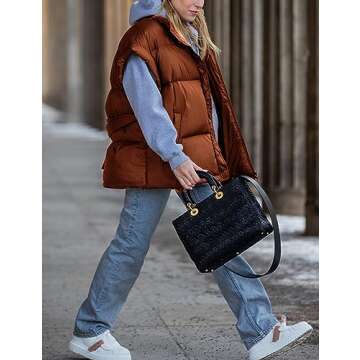 Daacee Women's Oversized Puffer Vest Lightweight Warm Cap Sleeve Puffy Bubble Outerwear Vests with P...