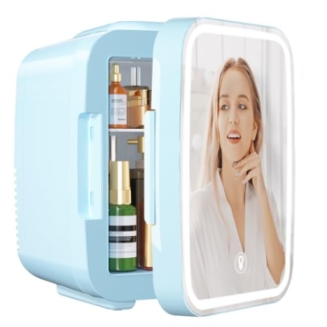 YASHE Mini Skincare Fridge with LED Mirror - Portable 4L Cooler and Warmer in Stylish Pink for Beaut...