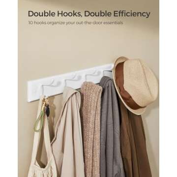 SONGMICS Wall-Mounted Coat Rack, Hook Rack, 5 Dual Metal Hooks, for Coats, Bags, Keys, in The Entryway, Bedroom, Living Room, White ULHR235W01