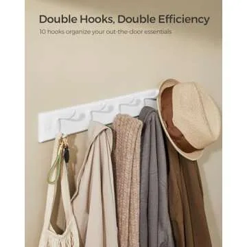 SONGMICS Wall-Mounted Coat Rack, Hook Rack, 5 Dual Metal Hooks, for Coats, Bags, Keys, in The Entryway, Bedroom, Living Room, White ULHR235W01