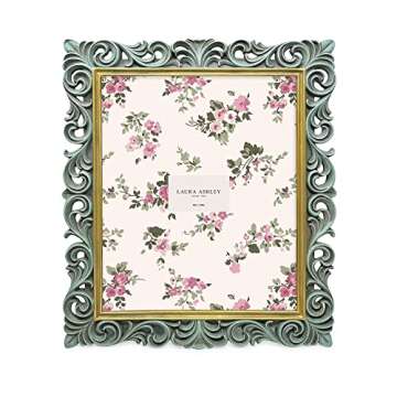 Laura Ashley 8x10 Light Blue w/Gold Vintage Inspired Resin Scroll Design Picture Frame with Thin Bor...