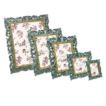 Laura Ashley 8x10 Light Blue w/Gold Vintage Inspired Resin Scroll Design Picture Frame with Thin Border, Horizontal & Vertical for Tabletop and Wall Display, Home Décor (8x10, Light Blue w/Gold)