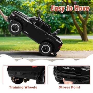 Segmart Licensed Ram 1500 RHO Ride on Truck, 12V Ride-on Electric Car for Kids with Remote Control, Battery Powered with Car Key/Gear Selector, LED Light/Music/MP3, Back Storage (Black)
