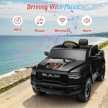 Segmart Licensed Ram 1500 RHO Ride on Truck, 12V Ride-on Electric Car for Kids with Remote Control, Battery Powered with Car Key/Gear Selector, LED Light/Music/MP3, Back Storage (Black)